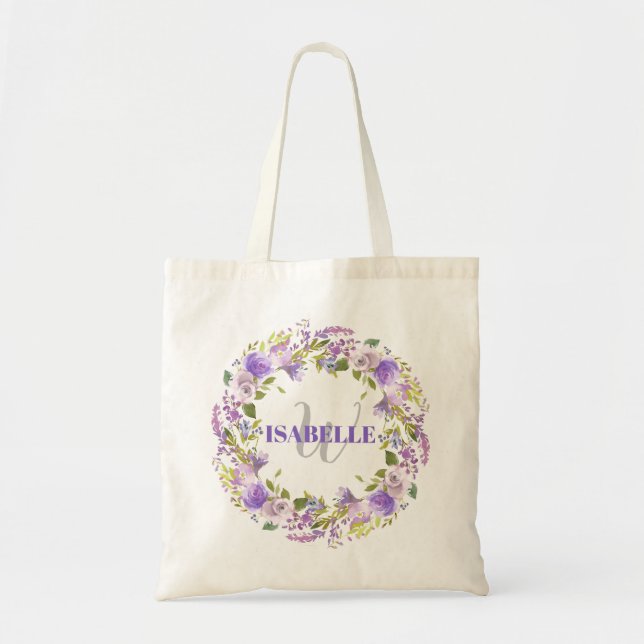 Tote Bag Aquarelle blanche violette Nom du monogramme flora (Devant)