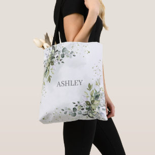 Tote Bag Aquarelle bleu Dusty Nom vert Monogramme