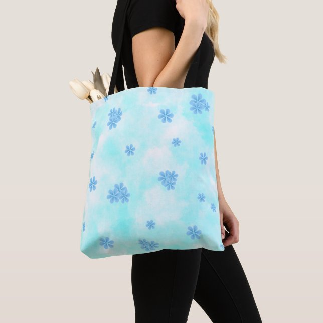 Tote Bag Aquarelle bleu moderne fleurie botanique (De près)