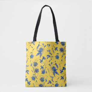 Tote Bag Aquarelle Bleu Passiflore sur Fond Jaune Moutarde