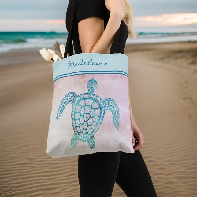 Tote Bag Aquarelle bleu Turquoise tortue de mer sur le mono (Créateur téléchargé)