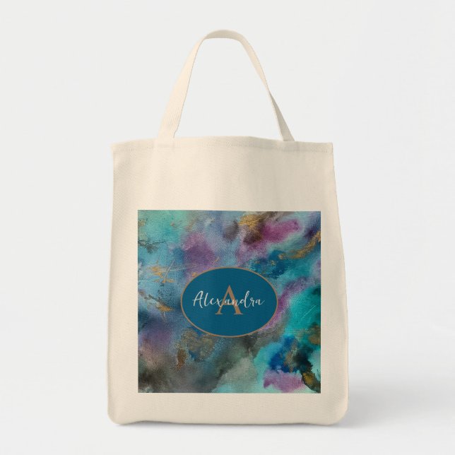 Tote Bag Aquarelle bleu violet or Abstraite personnalisée (Devant)