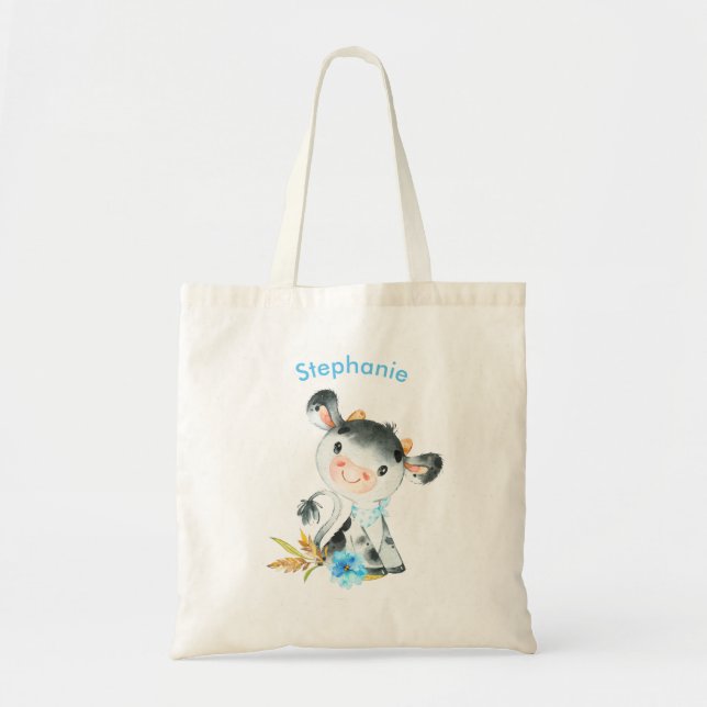 Tote Bag Aquarelle bleue Petite vache (Devant)