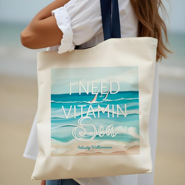 Tote Bag Aquarelle Bord de mer Océan 'I Need Vitamin Sea" (Watercolor Beachside Ocean 'I Need Vitamin Sea" Tote Bag)