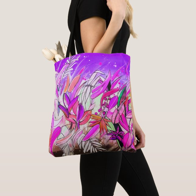 Tote Bag Aquarelle Botanique Feuilles Blush Rose violet (De près)