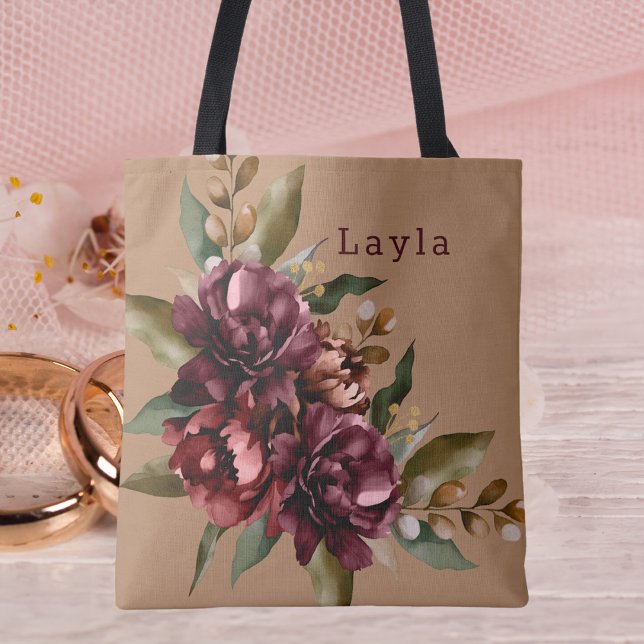 Tote Bag Aquarelle Bourgogne Automne Bouquet Floral Bridesm (Créateur téléchargé)