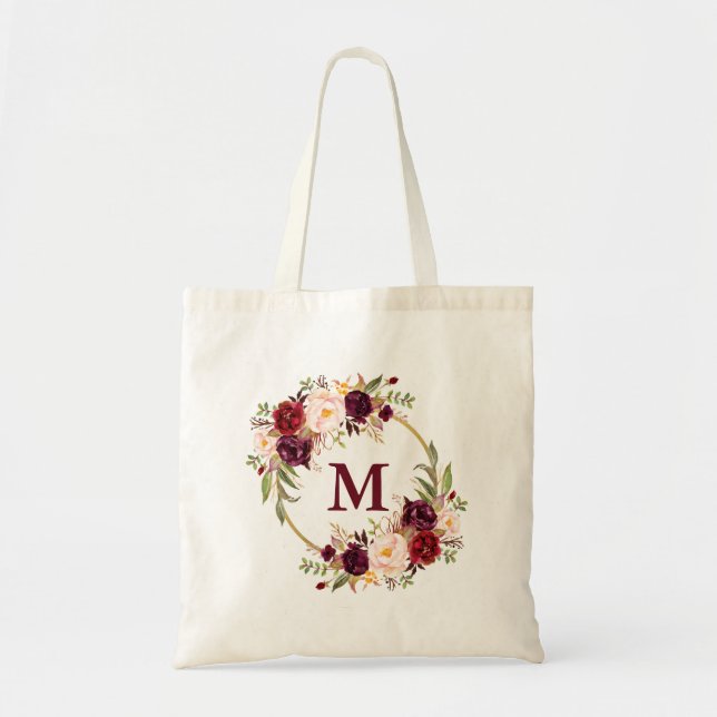 Tote Bag Aquarelle Bourgogne Floral Wreath Monogramme Or (Devant)