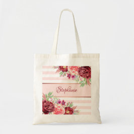 Tote Bag Aquarelle Bourgogne florale Broussaillée Rayures d