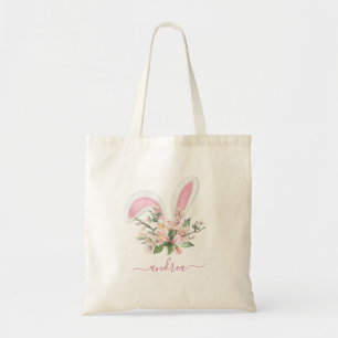 Tote Bag Aquarelle Bunny Ears Happy Pâques Ajouter le nom d