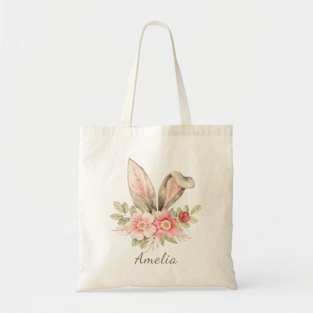 Tote Bag Aquarelle Bunny Oreilles printemps Pâques florales (Devant)