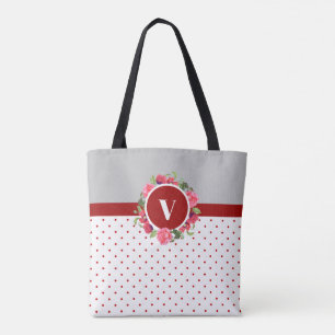 Tote Bag Aquarelle Cercle rouge et rose Courbe florale