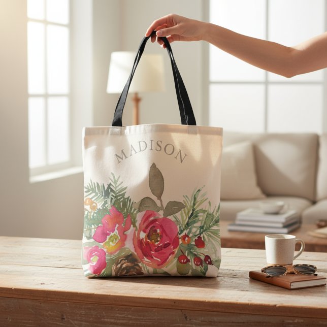 Tote Bag Aquarelle Chic Winter Floral Nom personnalisé (Créateur téléchargé)