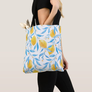 Tote Bag Aquarelle Citrons jaunes et Feuilles bleus