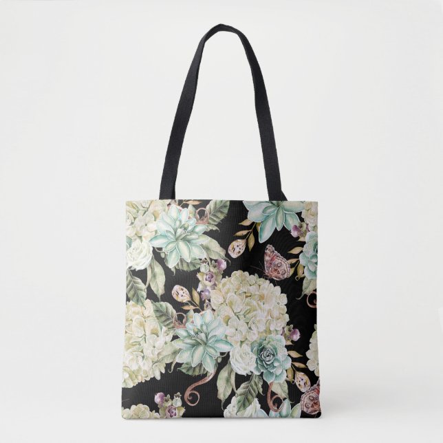 Tote Bag Aquarelle claire : Motif Rose Hydrangea. (Devant)