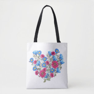 Tote Bag Aquarelle coeur fleuri, arang fleur sauvage lumine