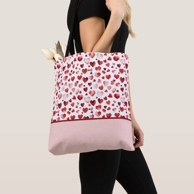 Tote Bag Aquarelle Coeurs rouges Saint-Valentin Bloc de cou (De près)
