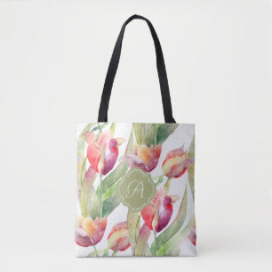 Tote Bag Aquarelle colorée Tulipes peintes avec Monogramme