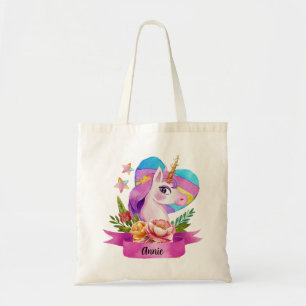 Tote Bag Aquarelle Cute Unicorn Coeur Nom personnalisé