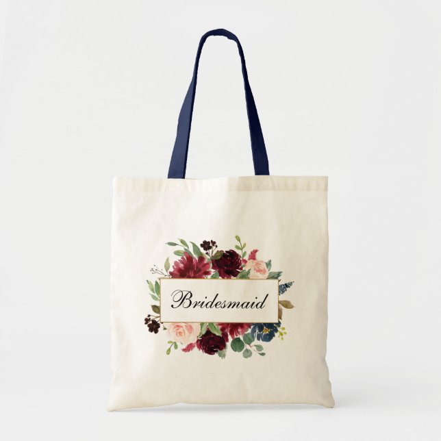 Tote Bag Aquarelle de Bridesmaid Burgundy Bleu Floral B (Devant)