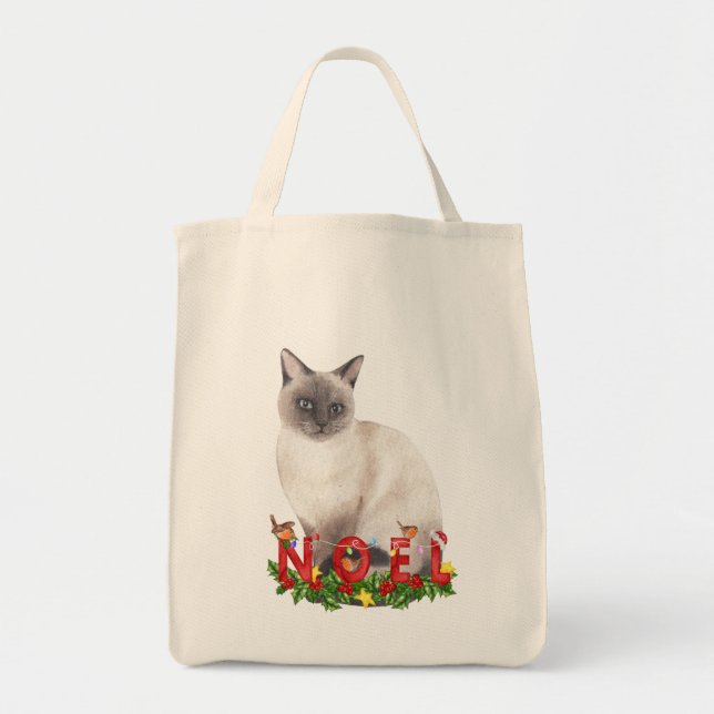 Tote Bag Aquarelle de chat siamois de Noël (Devant)