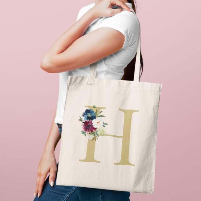 Tote Bag Aquarelle de la marine Bourgogne Monogramme floral (Créateur téléchargé)