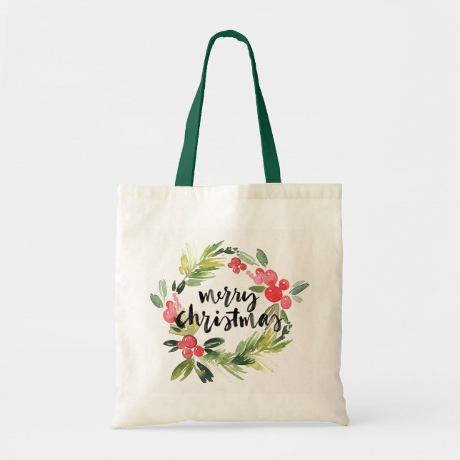 Tote Bag Aquarelle de Noël | - guirlande de Joyeux Noël (Devant)