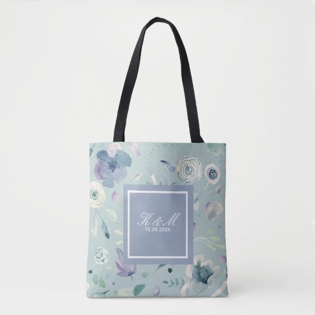Tote Bag Aquarelle de violet bleu monogramme Motif floral (Devant)
