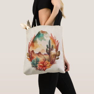 Tote Bag Aquarelle Désert Cactus et Montagnes