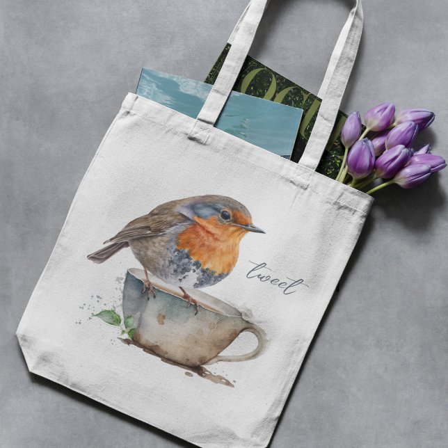 Tote Bag Aquarelle douce Orange Robin Oiseau Teacup (Créateur téléchargé)