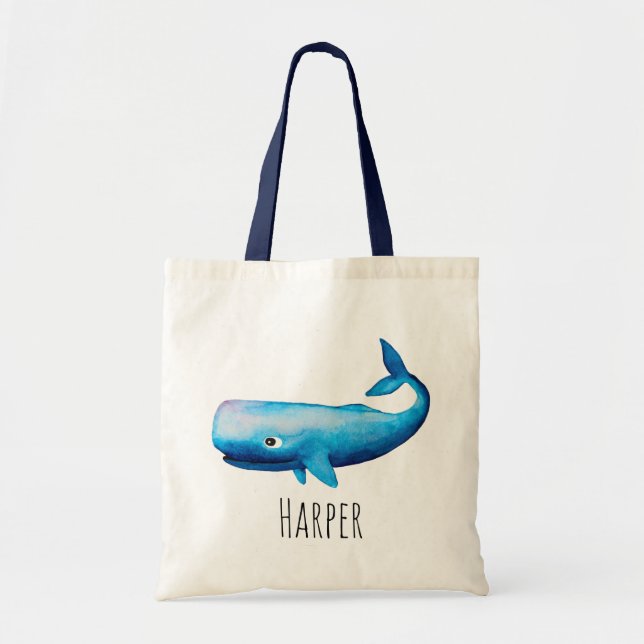 Tote Bag Aquarelle du bébé Bleu de la Baleine et nom (Devant)