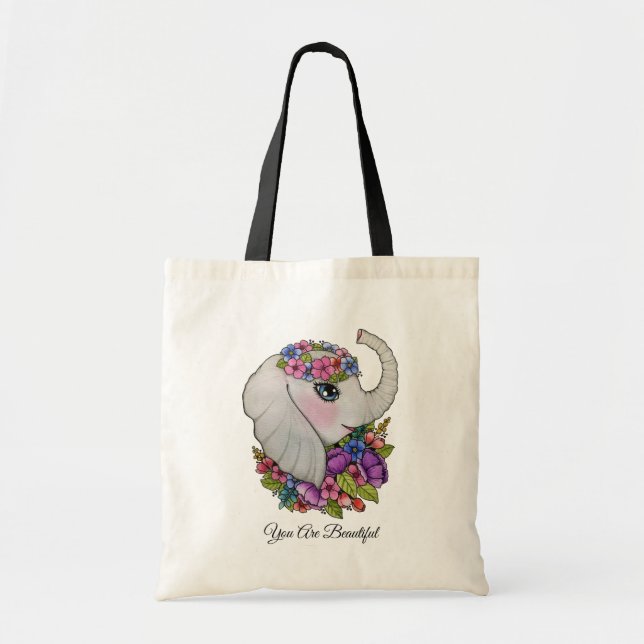 Tote Bag Aquarelle Eléphant Avec Fleurs Sauvages (Devant)