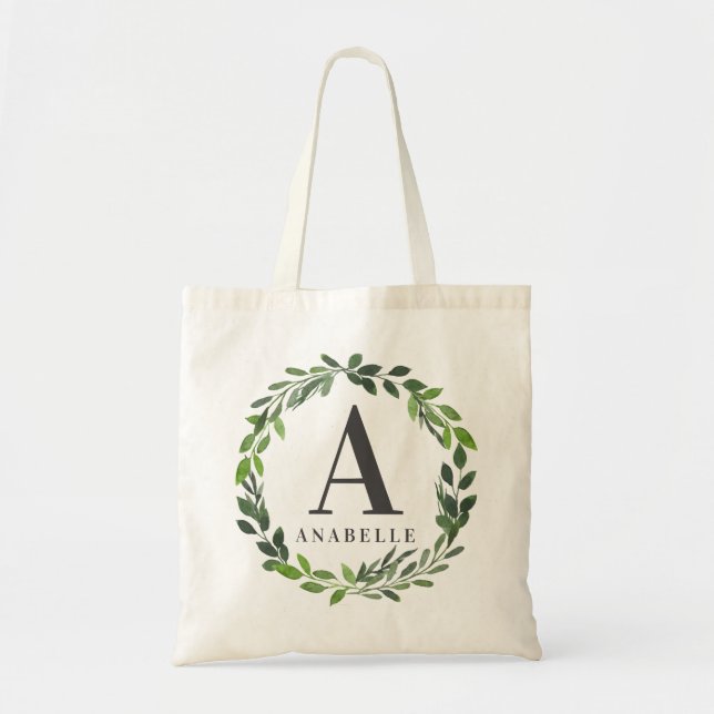 Tote Bag Aquarelle feuillage couronne personnalisée initial (Devant)