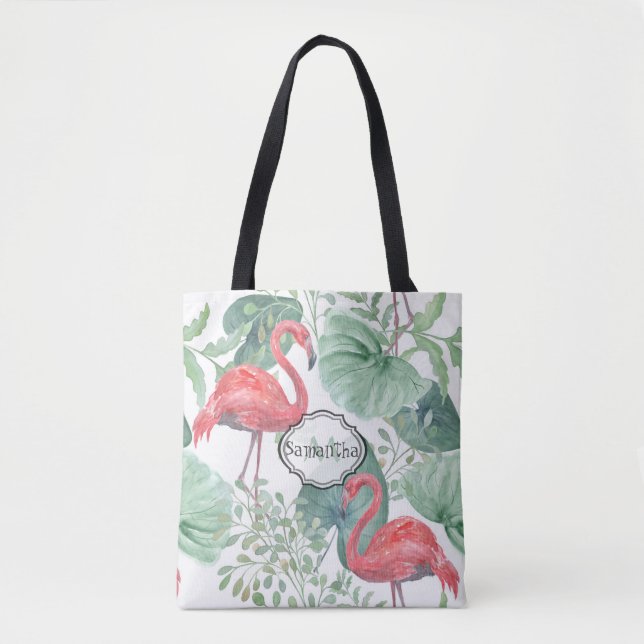 Tote Bag Aquarelle flamants roses et feuilles. (Devant)
