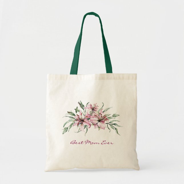 Tote Bag Aquarelle Fleur Lily Meilleure maman jamais (Devant)