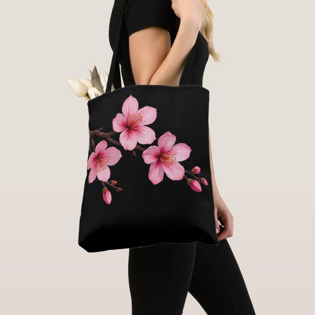 Tote Bag Aquarelle Fleurs de cerisier rose noir (De près)