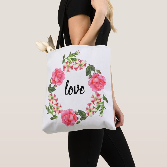Tote Bag Aquarelle Fleurs roses couronne circulaire (De près)