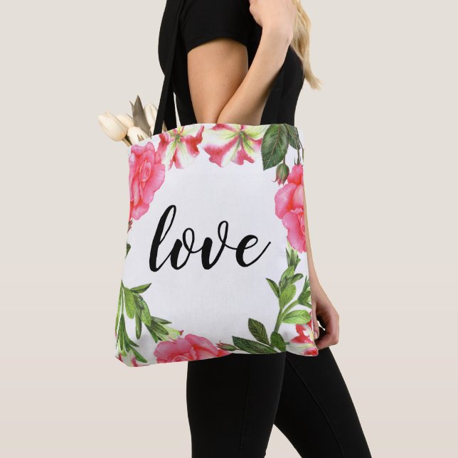 Tote Bag Aquarelle Fleurs roses couronne circulaire (De près)