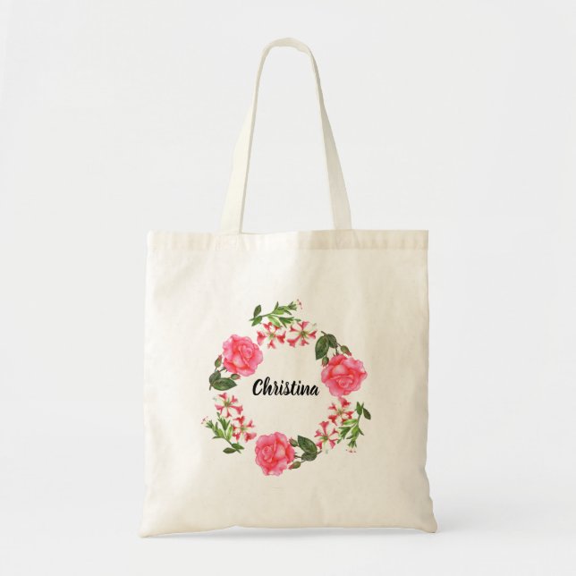 Tote Bag Aquarelle Fleurs roses couronne circulaire (Devant)