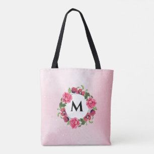 Tote Bag Aquarelle Fleurs rouges et roses Cercle de couronn