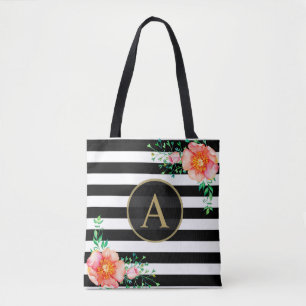 Tote Bag Aquarelle Floral Gold Monogramme Black White Striu