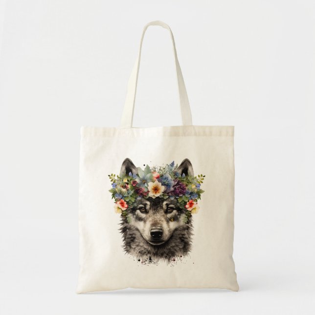 Tote Bag Aquarelle Floral Wolf (Devant)