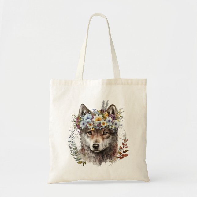 Tote Bag Aquarelle Floral Wolf (Devant)