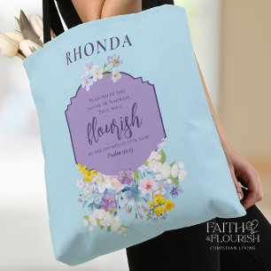 Tote Bag Aquarelle Florale Bible Verse Bleu Personnalisé