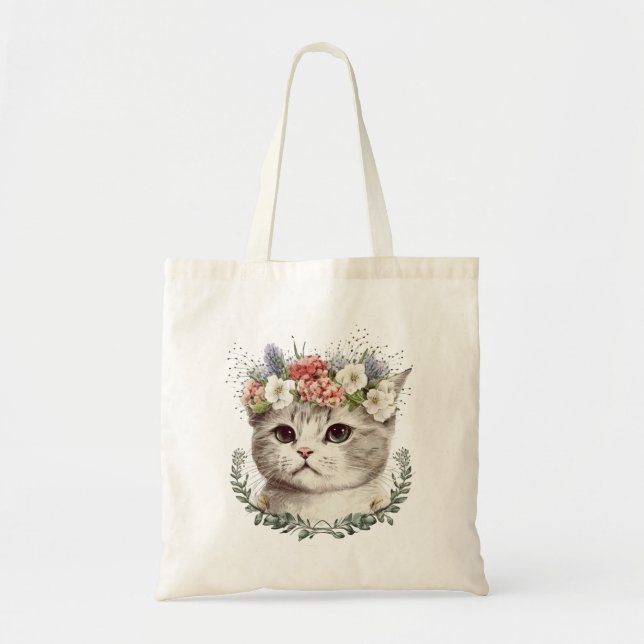 Tote Bag Aquarelle Florale Chat Cute (Devant)