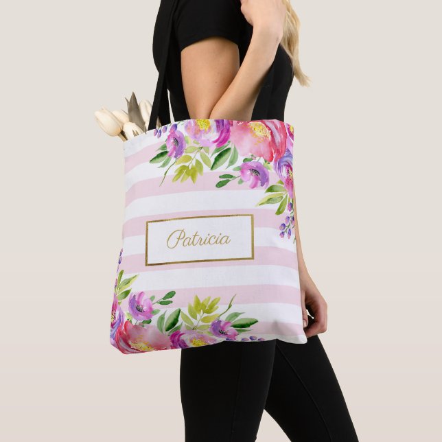 Tote Bag Aquarelle florale chic rayures rose et blanche (De près)