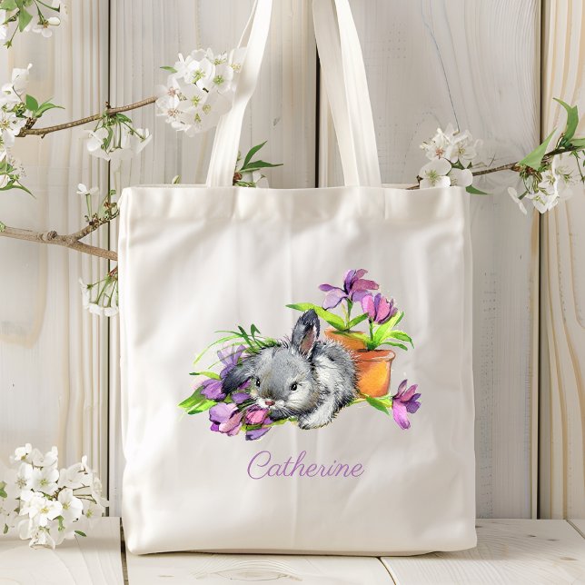 Tote Bag Aquarelle Florale Lapin de Pâques lapin Personnali (Créateur téléchargé)