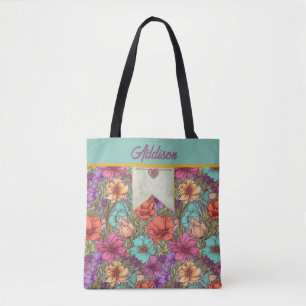 Tote Bag Aquarelle Florale Orange Aqua Crème Rose Botanique