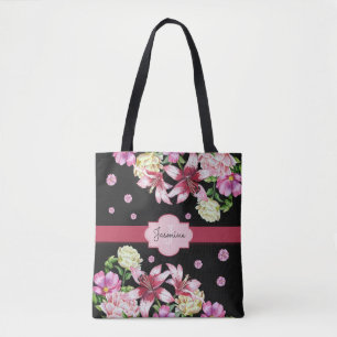 Tote Bag Aquarelle Florale Peony Lily Personnalisé Noir