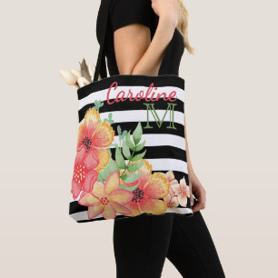Tote Bag Aquarelle florale personnalisée sur rayures noires