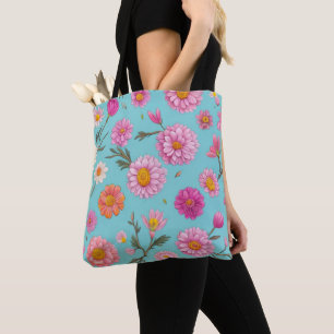 Tote Bag aquarelle florale rose blanc orange marguerites tu